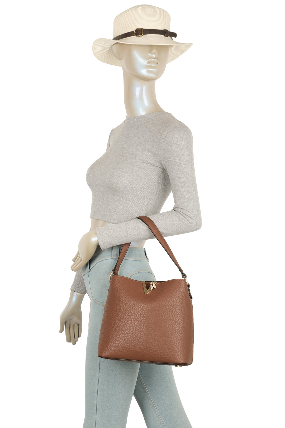 Veloura PU V-shaped Triple Compartments Top-Handle Bag- RB260513