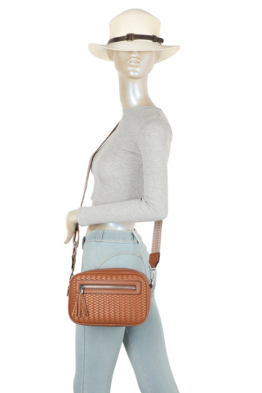Forte Tassel Woven Pleated Zip Crossbody Bag With Canvas Strap - RB260511