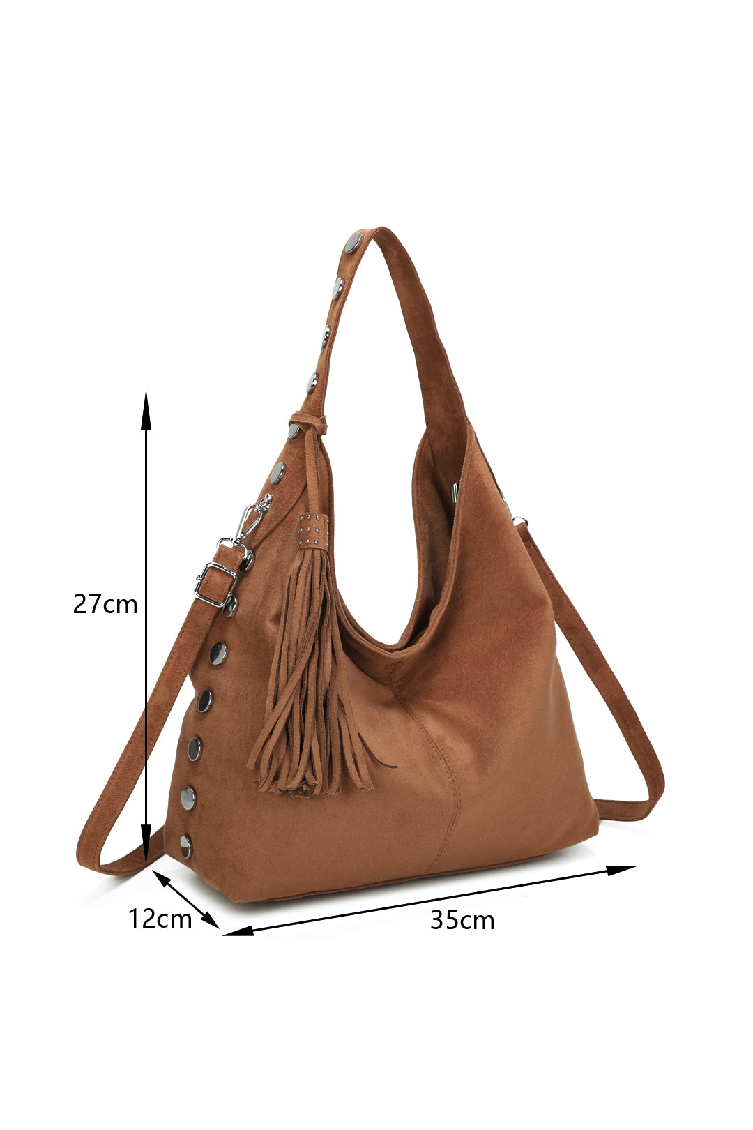 Bella Studded Large Faux Suede Tassel Slouch Hobo Shoulder Bag - RY250965
