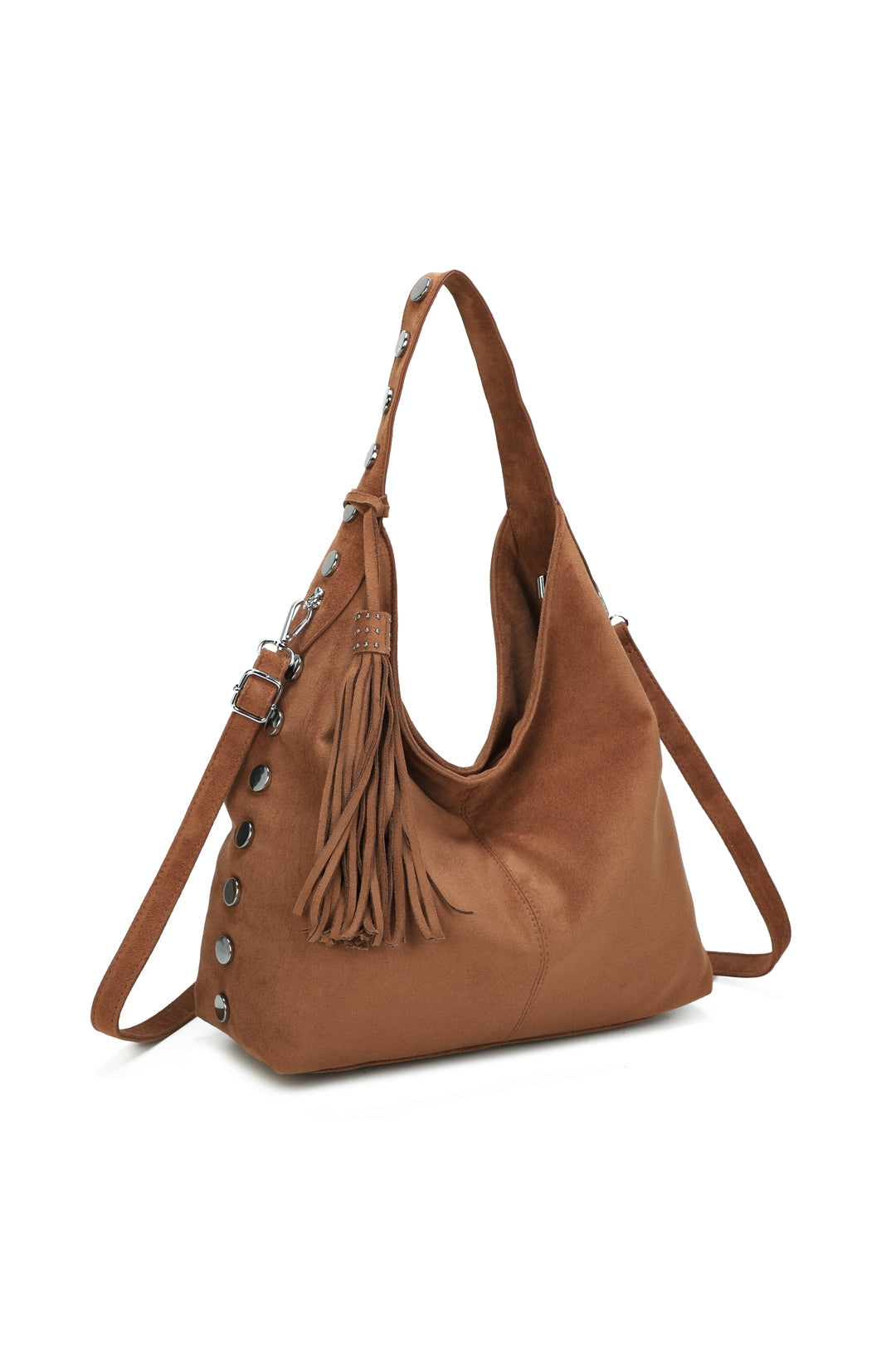 Bella Studded Large Faux Suede Tassel Slouch Hobo Shoulder Bag - RY250965
