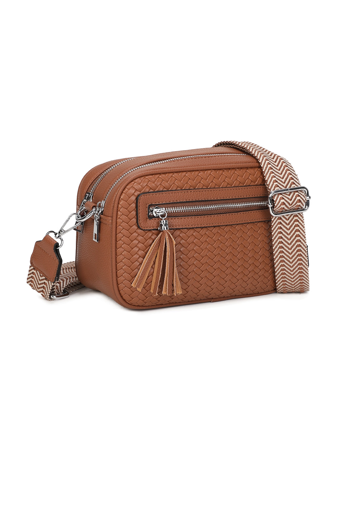 Forte Tassel Woven Pleated Zip Crossbody Bag With Canvas Strap - RB260511