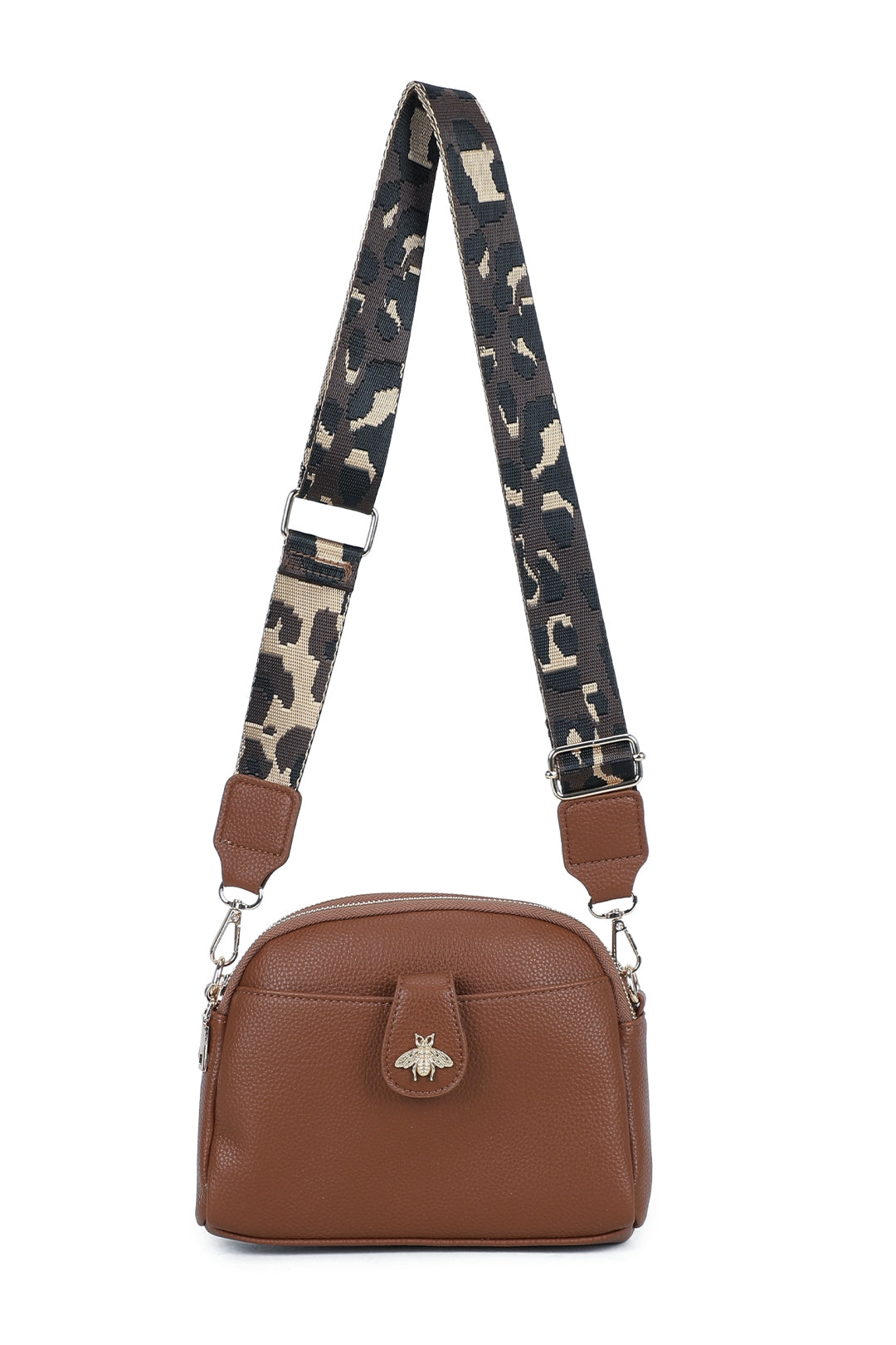 Monarch Bee Badge Multi-pocket Crossbody Bag with Leopard Canvas Strap - RW250452