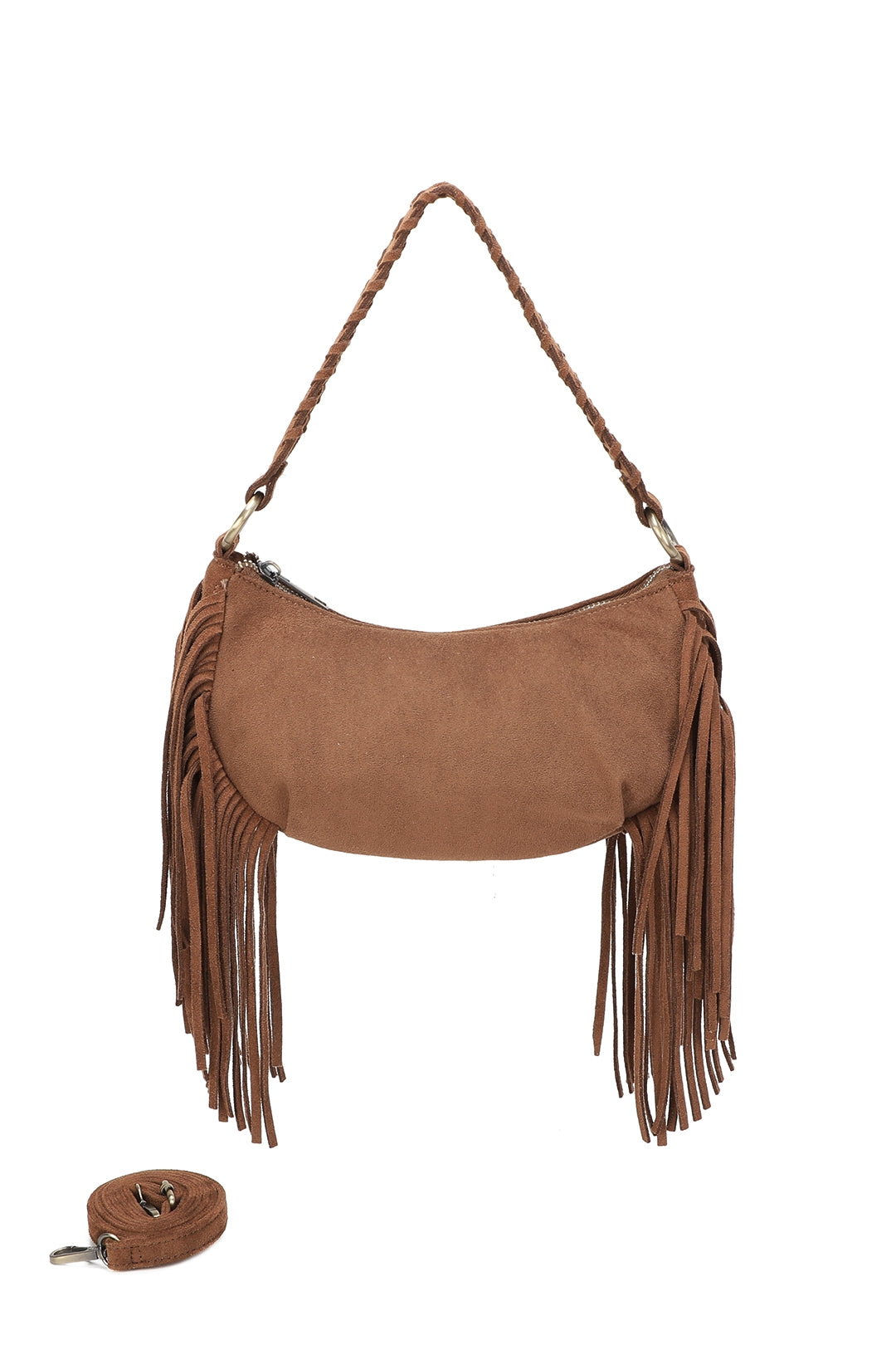 Aurex Faux Suede Fringe Tassel Crossbody Hobo Bag With Handwoven Strap - RJ250976