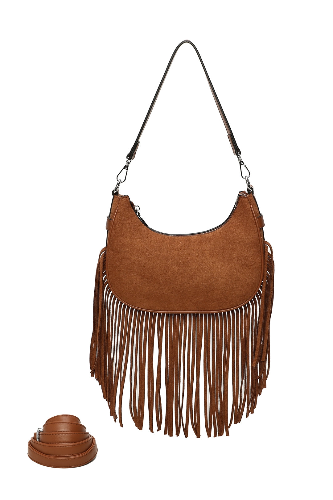 Mesa Suede Fringe Tassel Shoulder Hobo Bag With Removable strap - RX250931