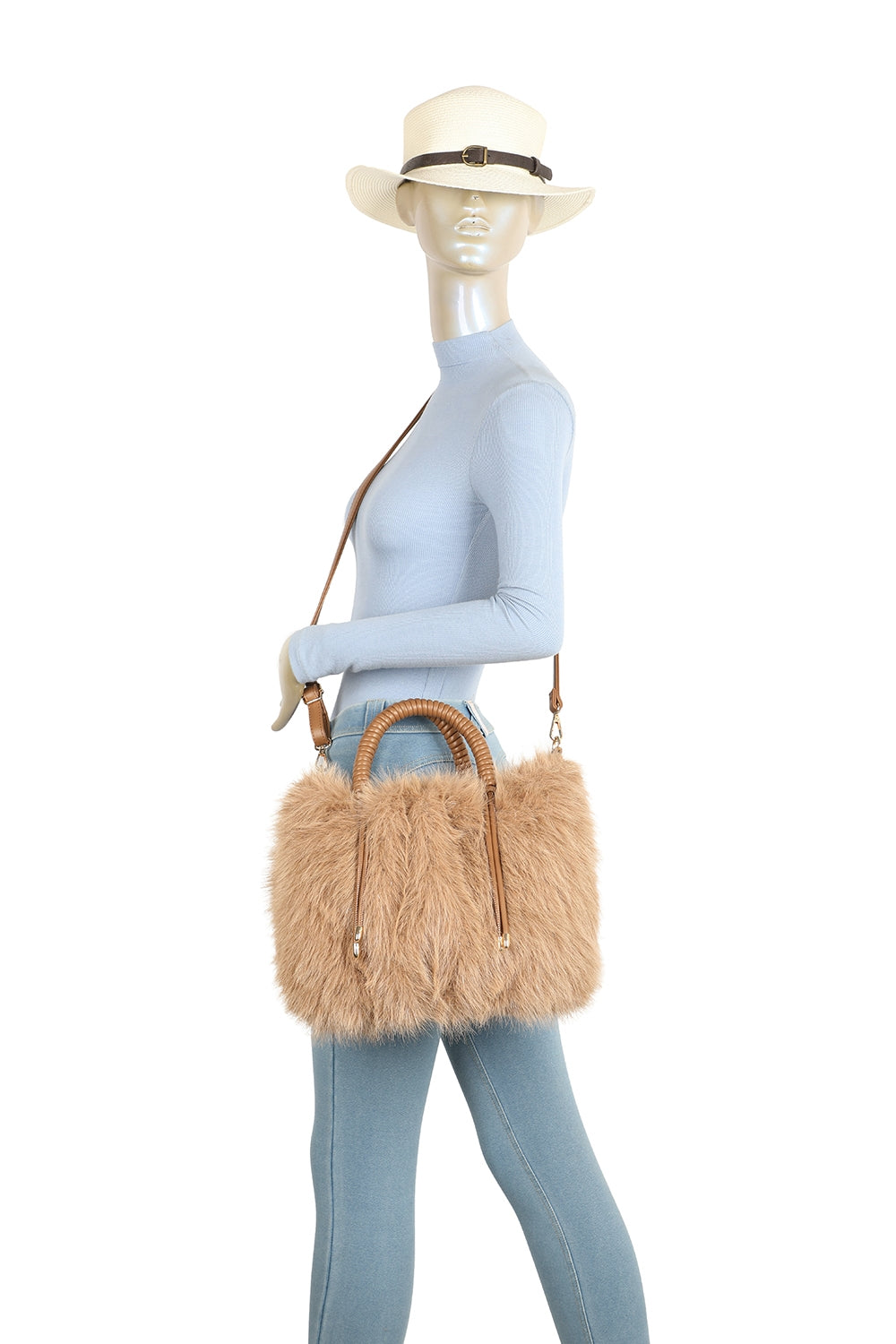 Avelyn Sparkling Faux Fur Top Handle Shoulder Bag with Braided Handle - RY250421