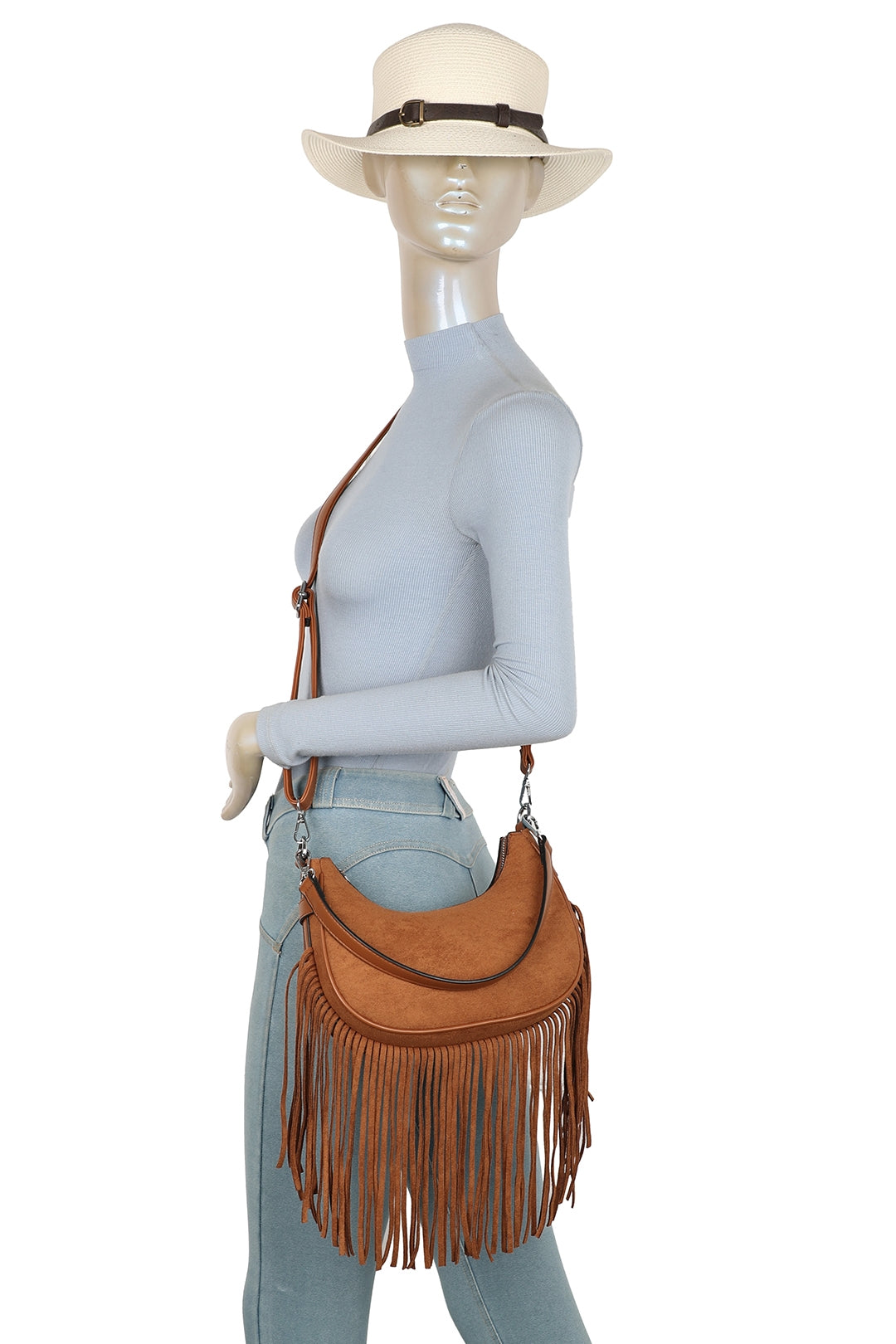 Mesa Suede Fringe Tassel Shoulder Hobo Bag With Removable strap - RX250931