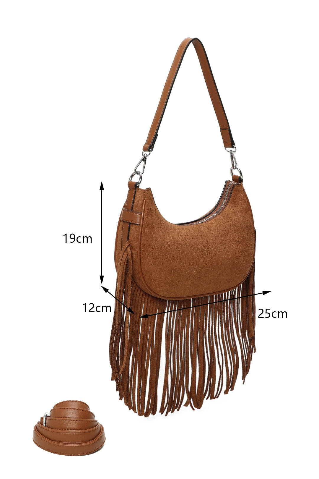 Mesa Suede Fringe Tassel Shoulder Hobo Bag With Removable strap - RX250931