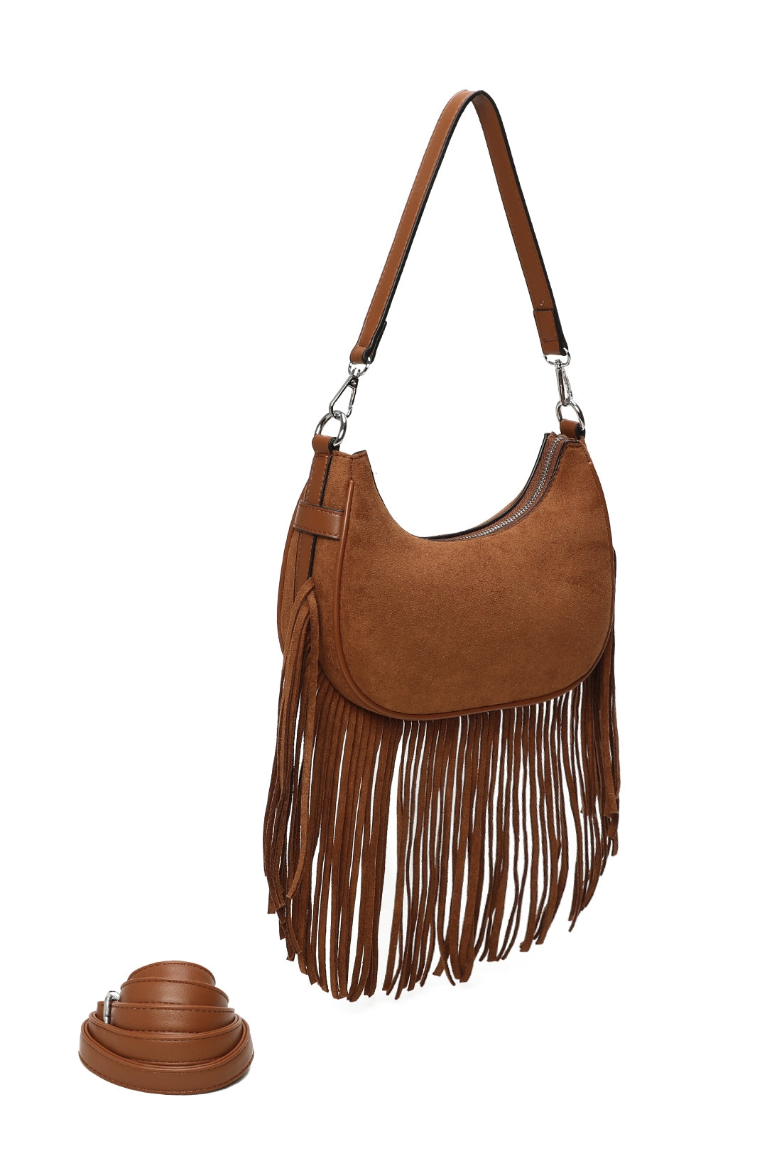 Mesa Suede Fringe Tassel Shoulder Hobo Bag With Removable strap - RX250931