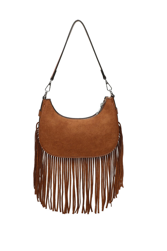 Mesa Suede Fringe Tassel Shoulder Hobo Bag With Removable strap - RX250931