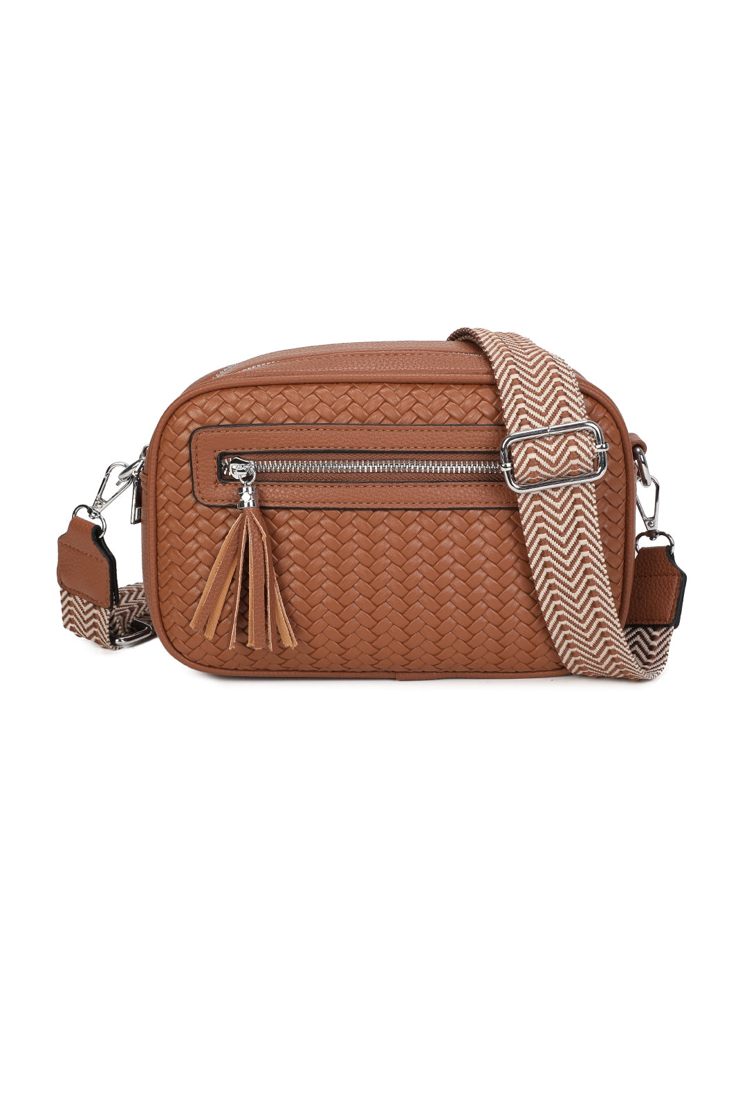 Forte Tassel Woven Pleated Zip Crossbody Bag With Canvas Strap - RB260511