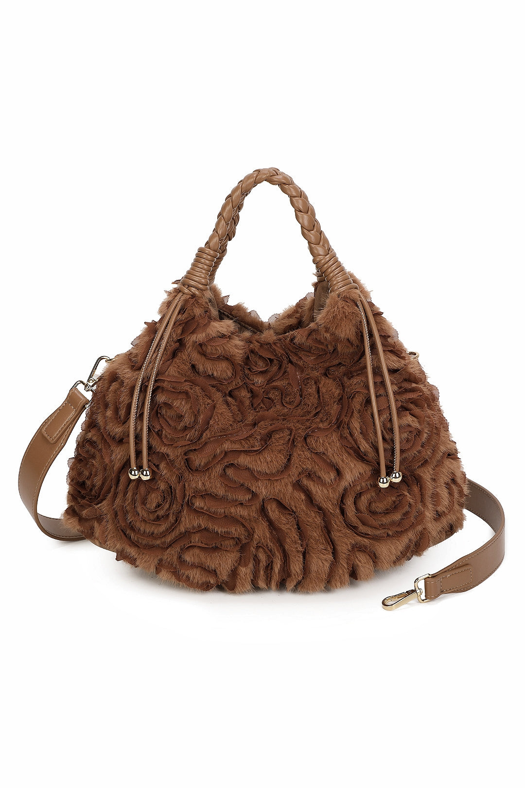 Dorelle Large Faux Fur Sewn Lace Flower Pattern Top Handle Shoulder Bag - RY260532