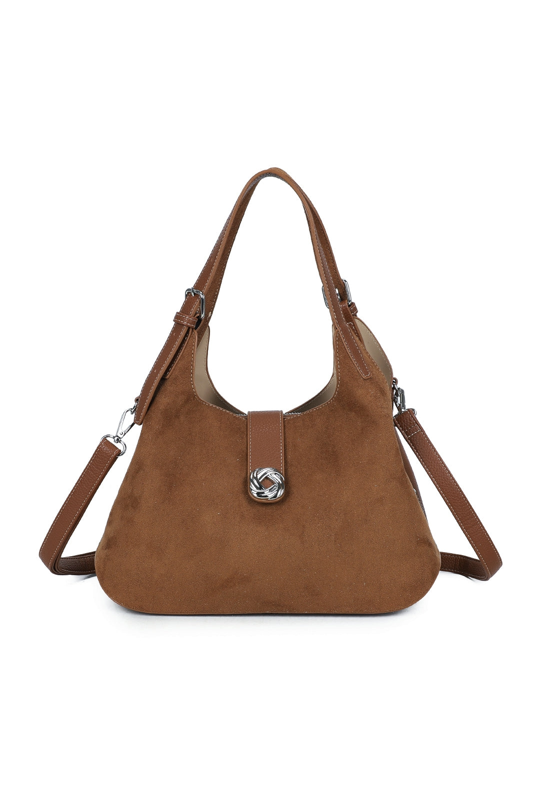 Caly Suede Tri-Compartments Top Handbag Hobo Bag with Detachable Strap - RJ250972