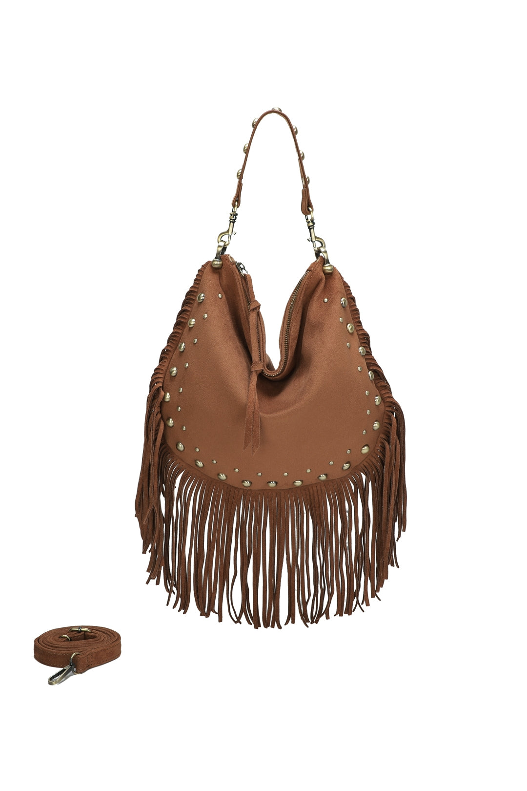 Caravan Studded Large Faux Suede Fringe Tassel Hobo Shoulder Bag - RY250962