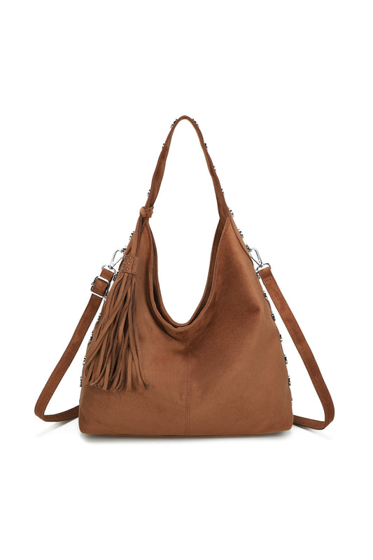 Bella Studded Large Faux Suede Tassel Slouch Hobo Shoulder Bag - RY250965