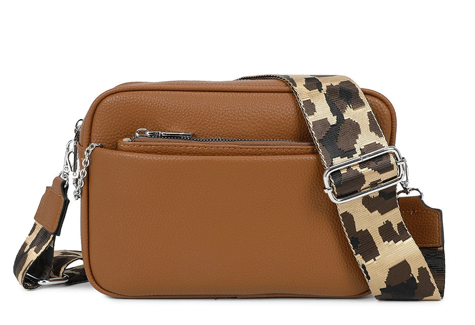 Suni Dual Compartments PU Leather Crossbody Bag with Camo Strap and Removable Pouch