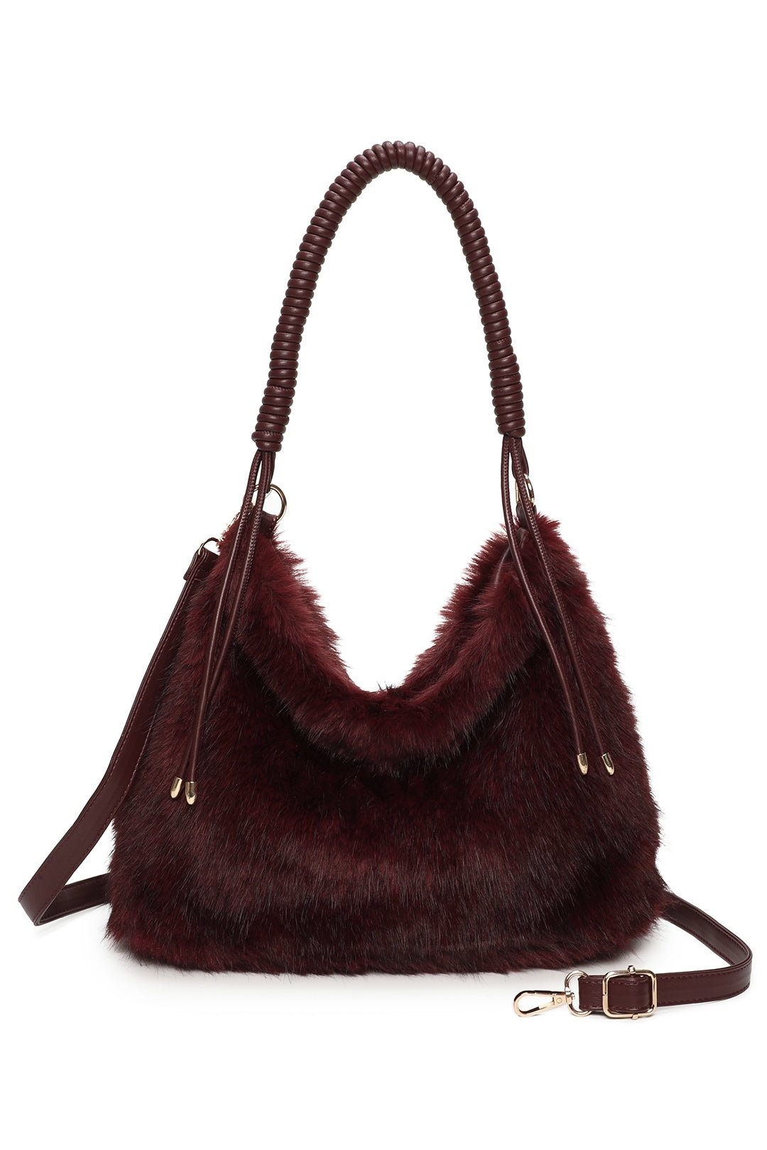 Calista Sparkling Faux Fur Top Zip Closure Shoulder Bag with Braided Handle - RJ260542