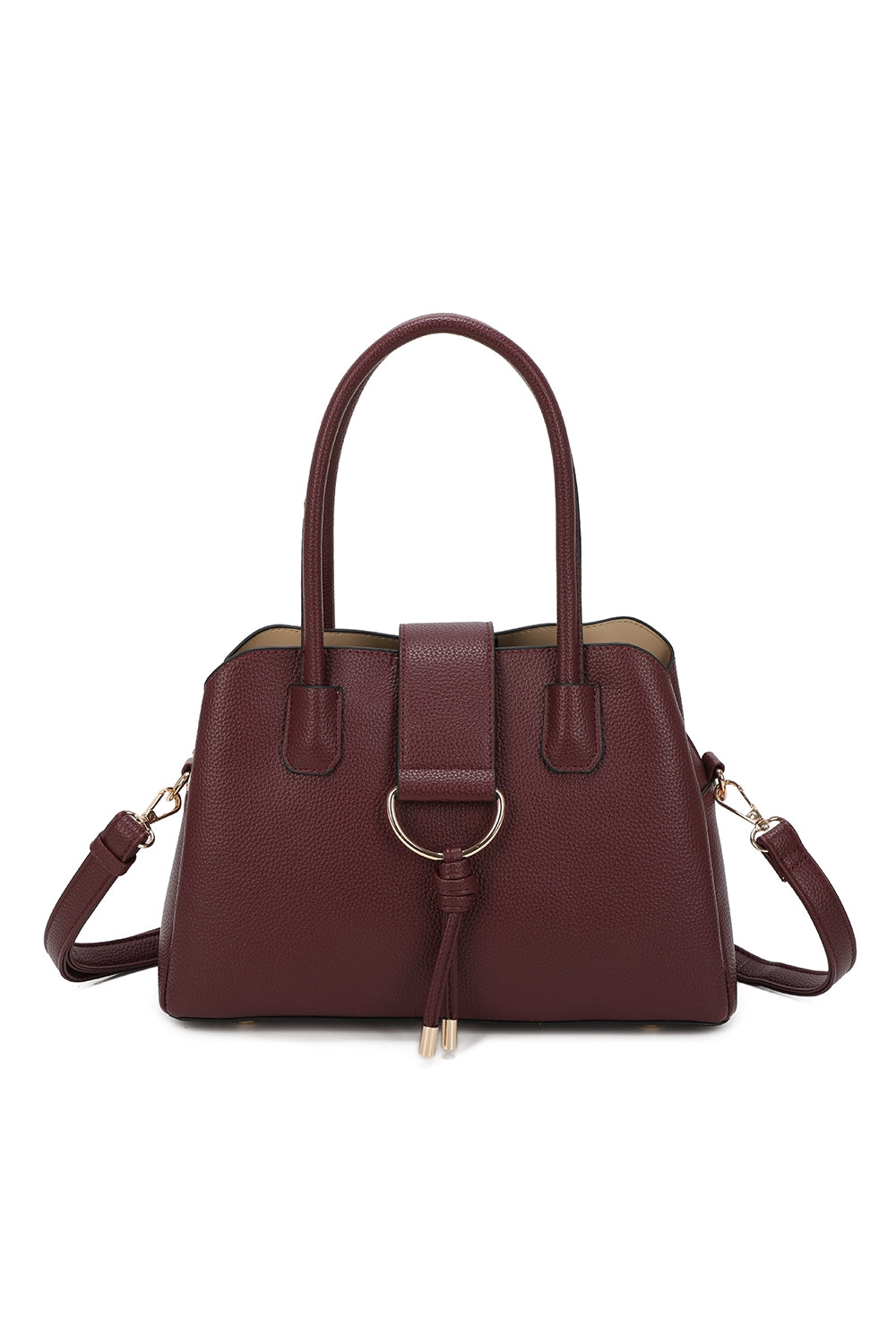 BellaElan PU Leather Triple Compartment Handbag with a metal D-ring Ornament and an Extra Long Strap - RJ241072
