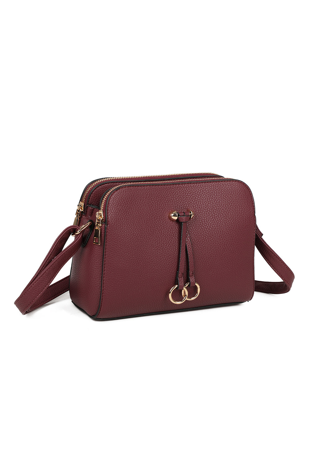 Metz Twin Rings Charm Three Zipped Sections PU Leather Crossbody Bag - RB230621
