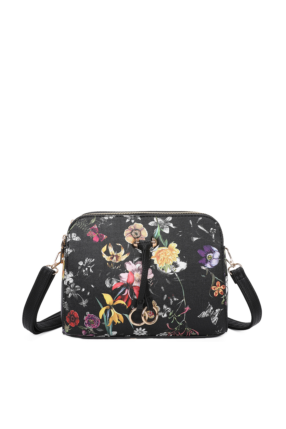 Hana Twin Rings Tri-Compartments Vintage Flower Print PU Leather Crossbody Bag