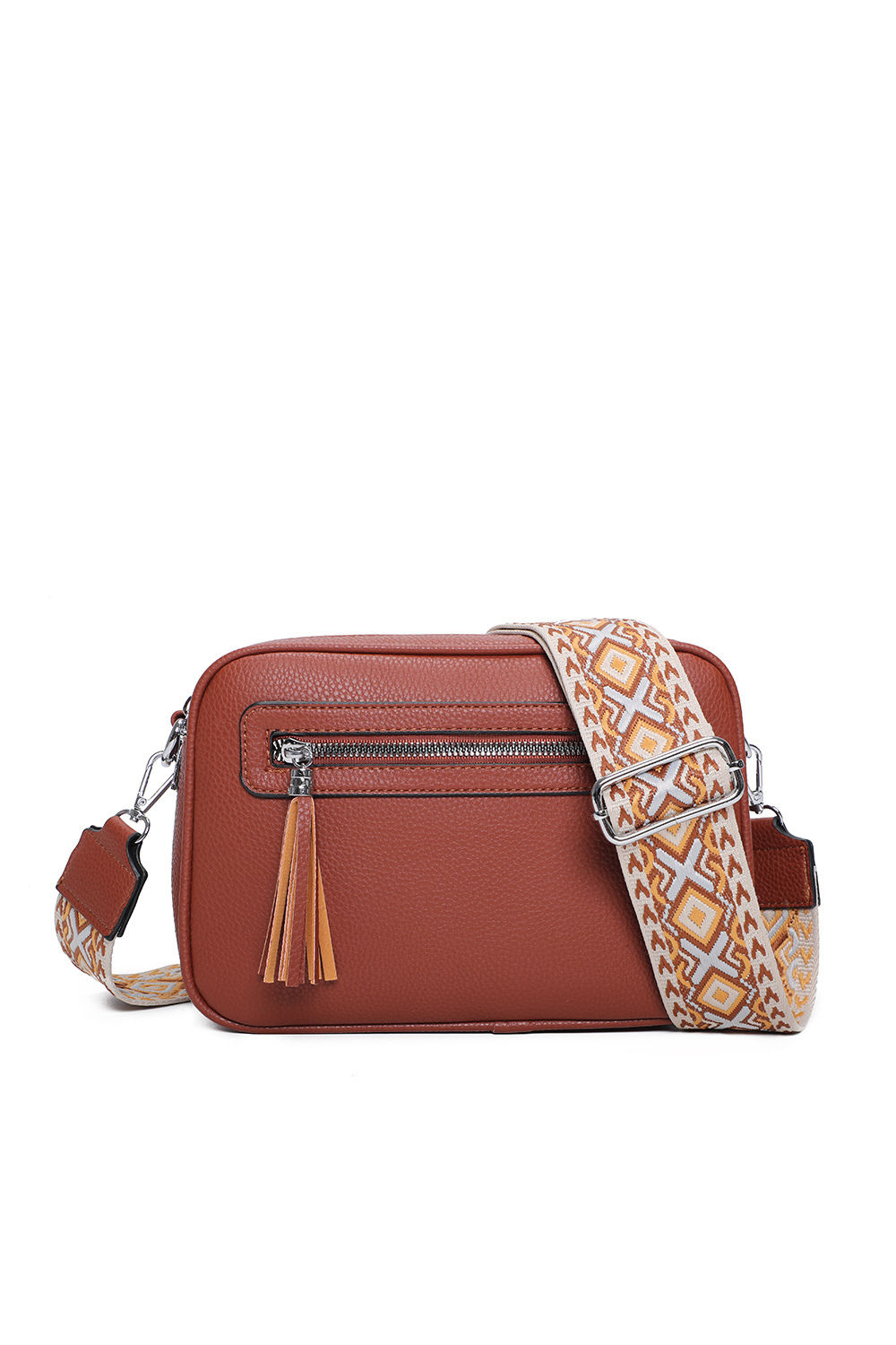 Quadriple Zipped Tassel Crossbody with Canvas Strap