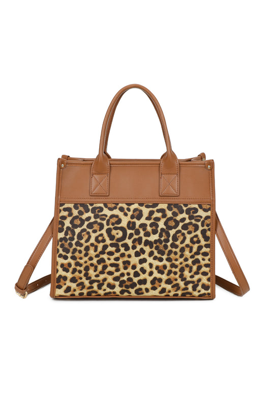 Glam Plain PU Leather Top Handle Crossbody Bag With Leopard Stripes (New) - RB250467N