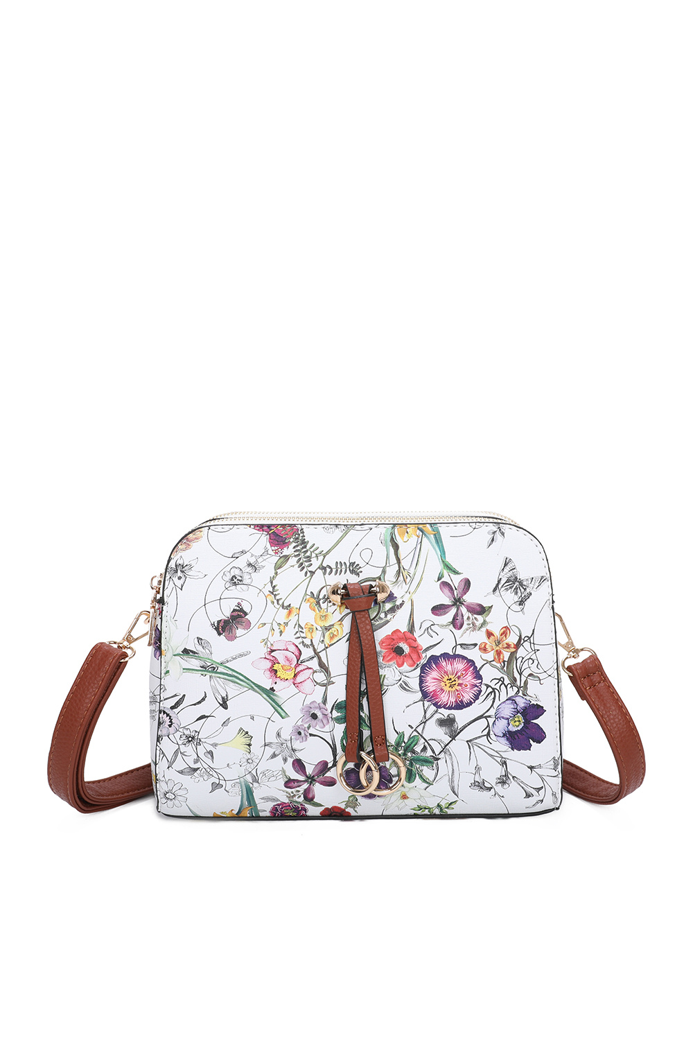 Hana Twin Rings Tri-Compartments Vintage Flower Print PU Leather Crossbody Bag