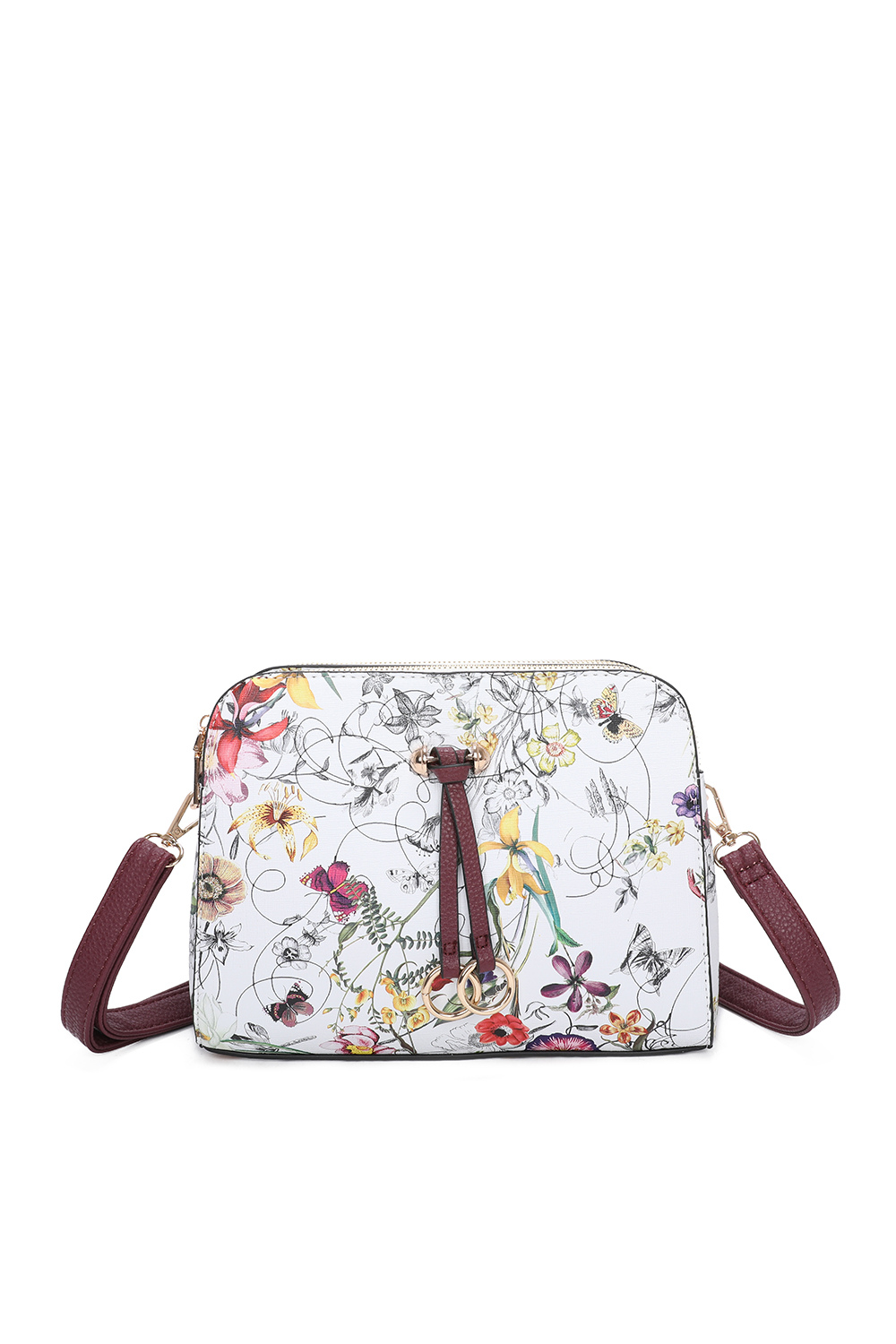 Hana Twin Rings Tri-Compartments Vintage Flower Print PU Leather Crossbody Bag