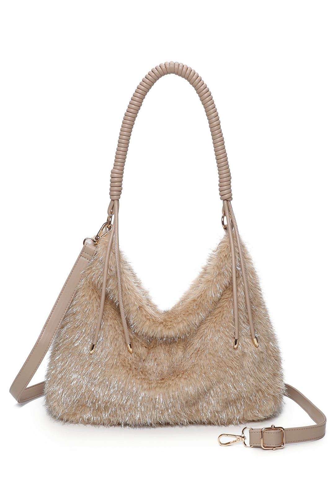 Calista Sparkling Faux Fur Top Zip Closure Shoulder Bag with Braided Handle - RJ260542