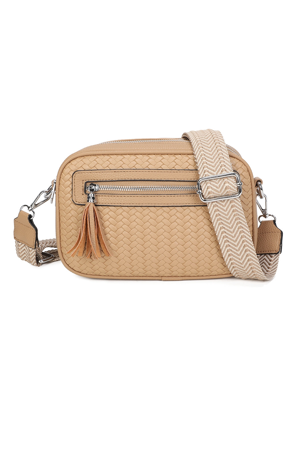 Forte Tassel Woven Pleated Zip Crossbody Bag With Canvas Strap - RB260511