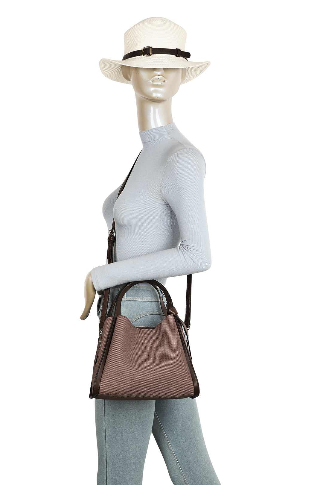 Meridian Triple Compartment Canvas PU Leather Top Handle Bag - RB250951