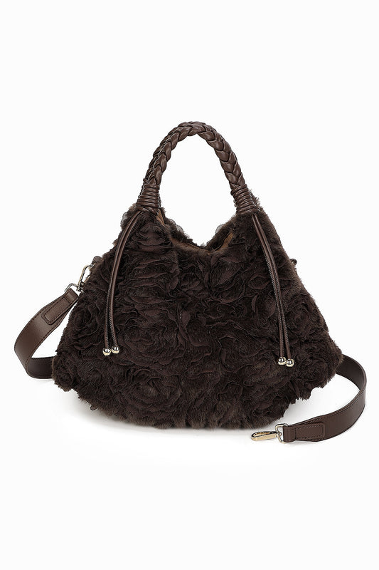 Dorelle Large Faux Fur Sewn Lace Flower Pattern Top Handle Shoulder Bag - RY260532