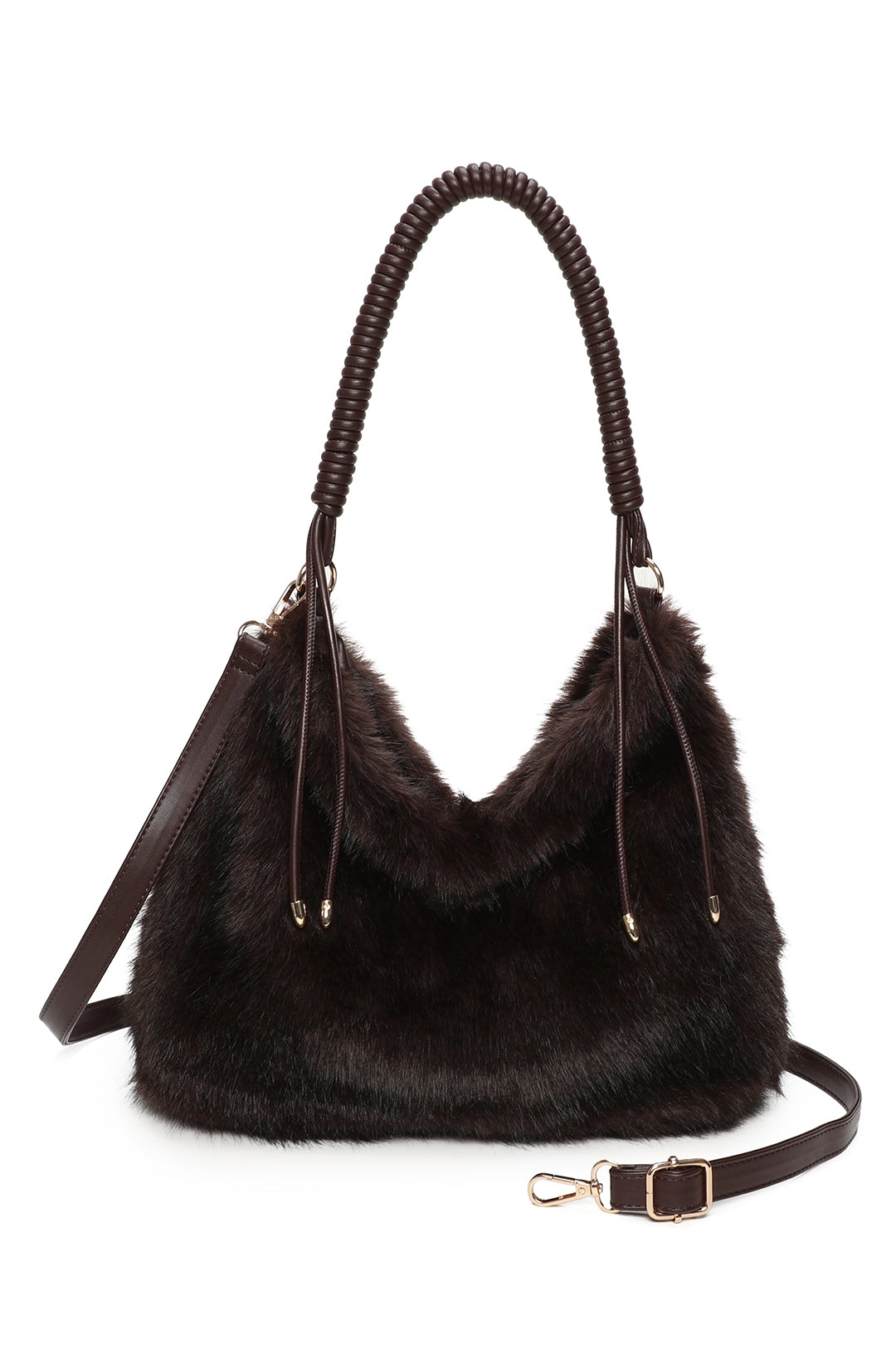 Calista Sparkling Faux Fur Top Zip Closure Shoulder Bag with Braided Handle - RJ260542