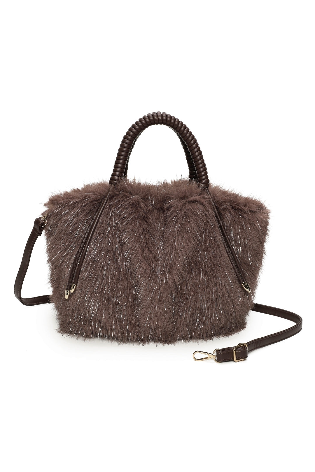 Avelyn Sparkling Faux Fur Top Handle Shoulder Bag with Braided Handle - RY250421