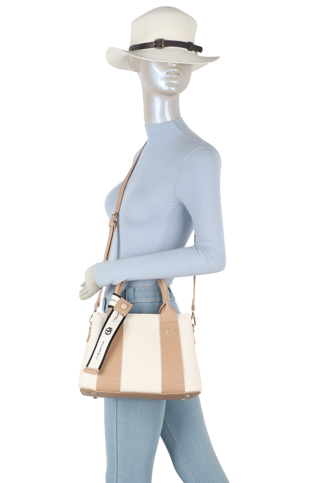 Mori PU Leather Triple Compartment Structured Canvas Top-Handle Tote Bag - RY250972