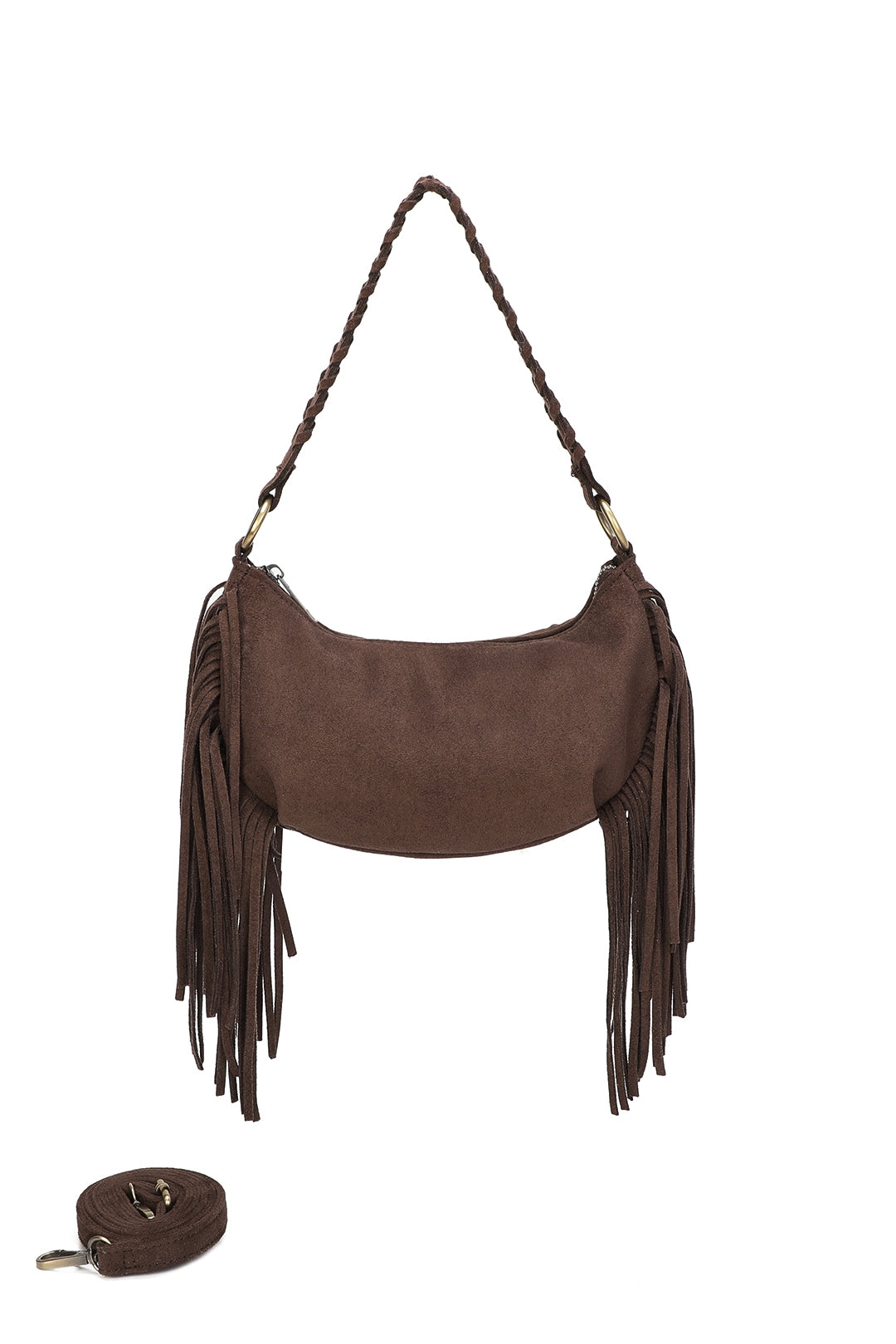 Aurex Faux Suede Fringe Tassel Crossbody Hobo Bag With Handwoven Strap - RJ250976