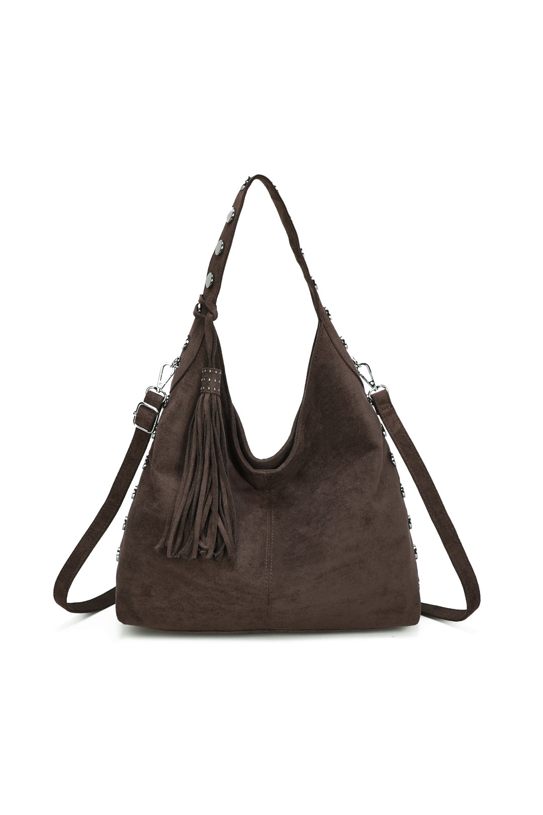 Bella Studded Large Faux Suede Tassel Slouch Hobo Shoulder Bag - RY250965