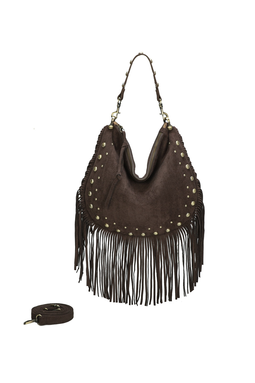 Caravan Studded Large Faux Suede Fringe Tassel Hobo Shoulder Bag - RY250962