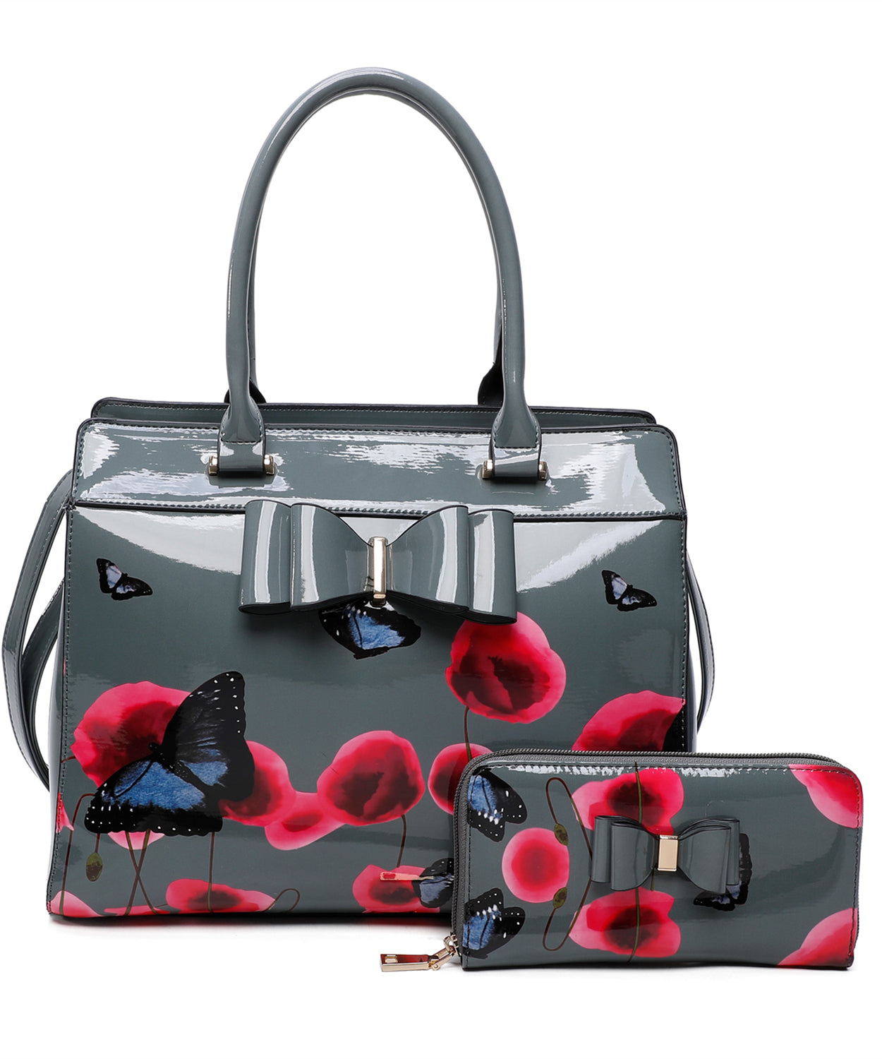 Papavero 2IN1 PU Patent Poppy Flower & Buttlefly Bucket Shaped With Purse Set - RJ200811