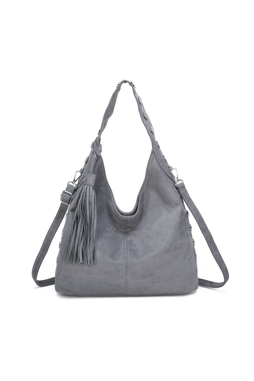 Bella Studded Large Faux Suede Tassel Slouch Hobo Shoulder Bag - RY250965