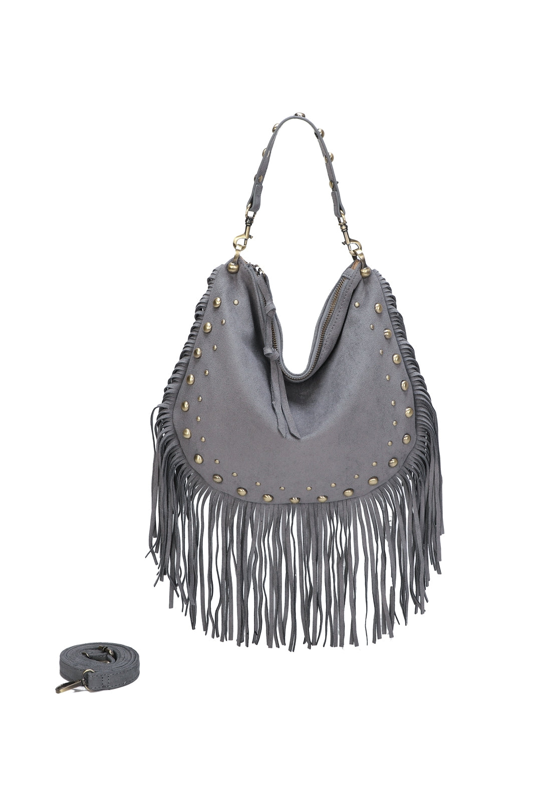 Caravan Studded Large Faux Suede Fringe Tassel Hobo Shoulder Bag - RY250962