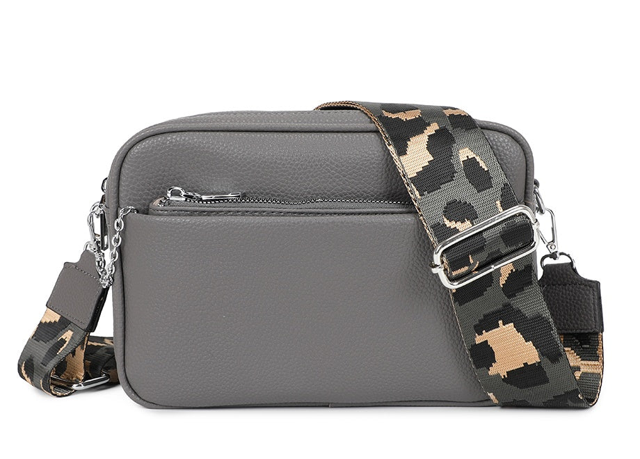 Suni Dual Compartments PU Leather Crossbody Bag with Camo Strap and Removable Pouch