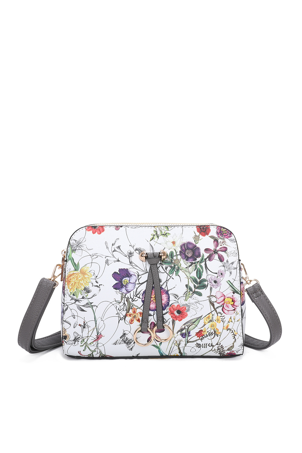 Hana Twin Rings Tri-Compartments Vintage Flower Print PU Leather Crossbody Bag