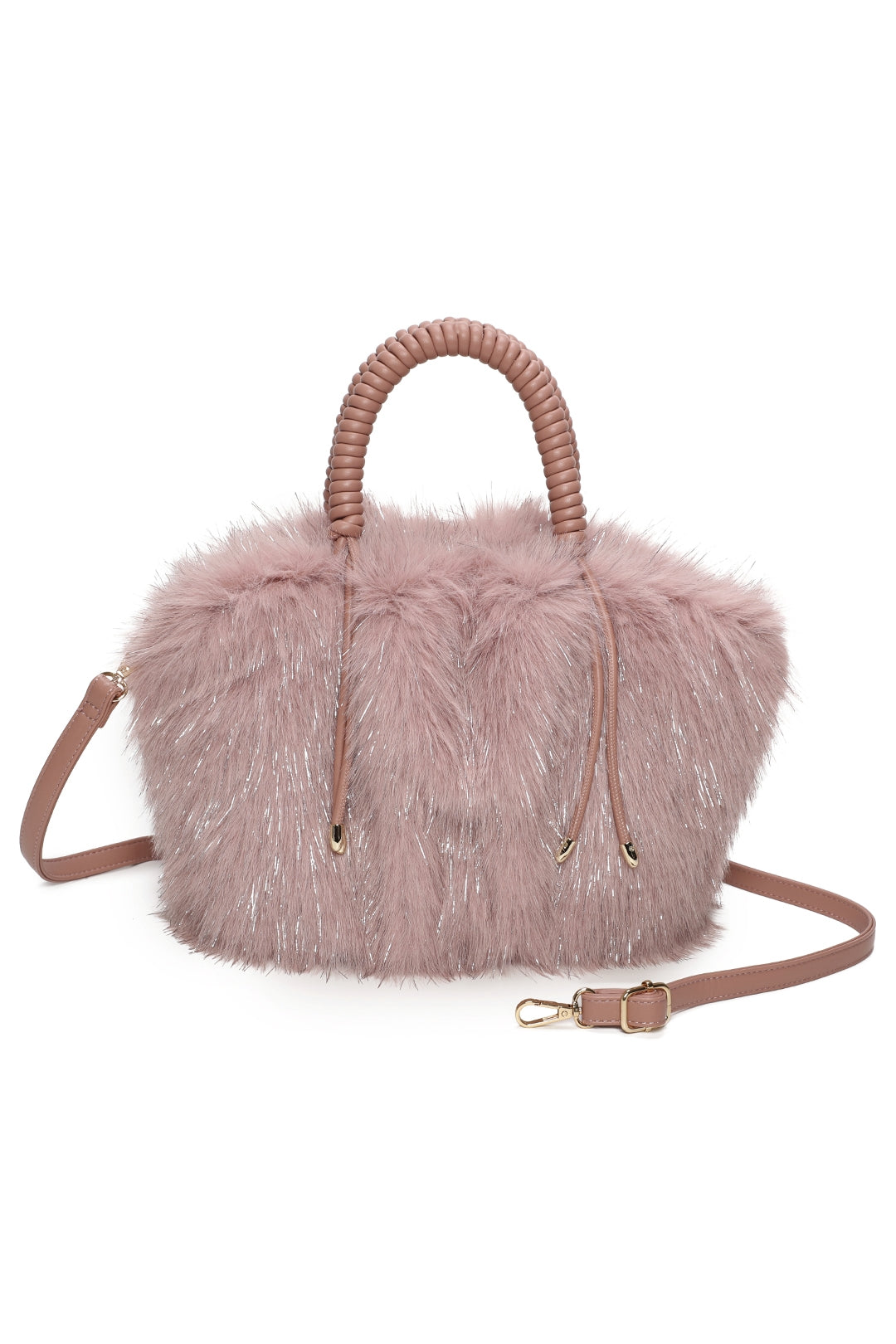 Avelyn Sparkling Faux Fur Top Handle Shoulder Bag with Braided Handle - RY250421