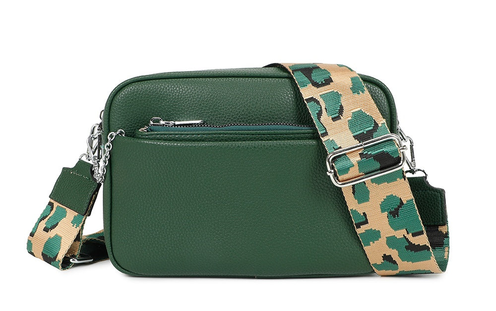 Suni Dual Compartments PU Leather Crossbody Bag with Camo Strap and Removable Pouch