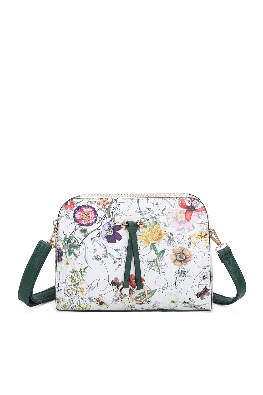 Hana Twin Rings Tri-Compartments Vintage Flower Print PU Leather Crossbody Bag