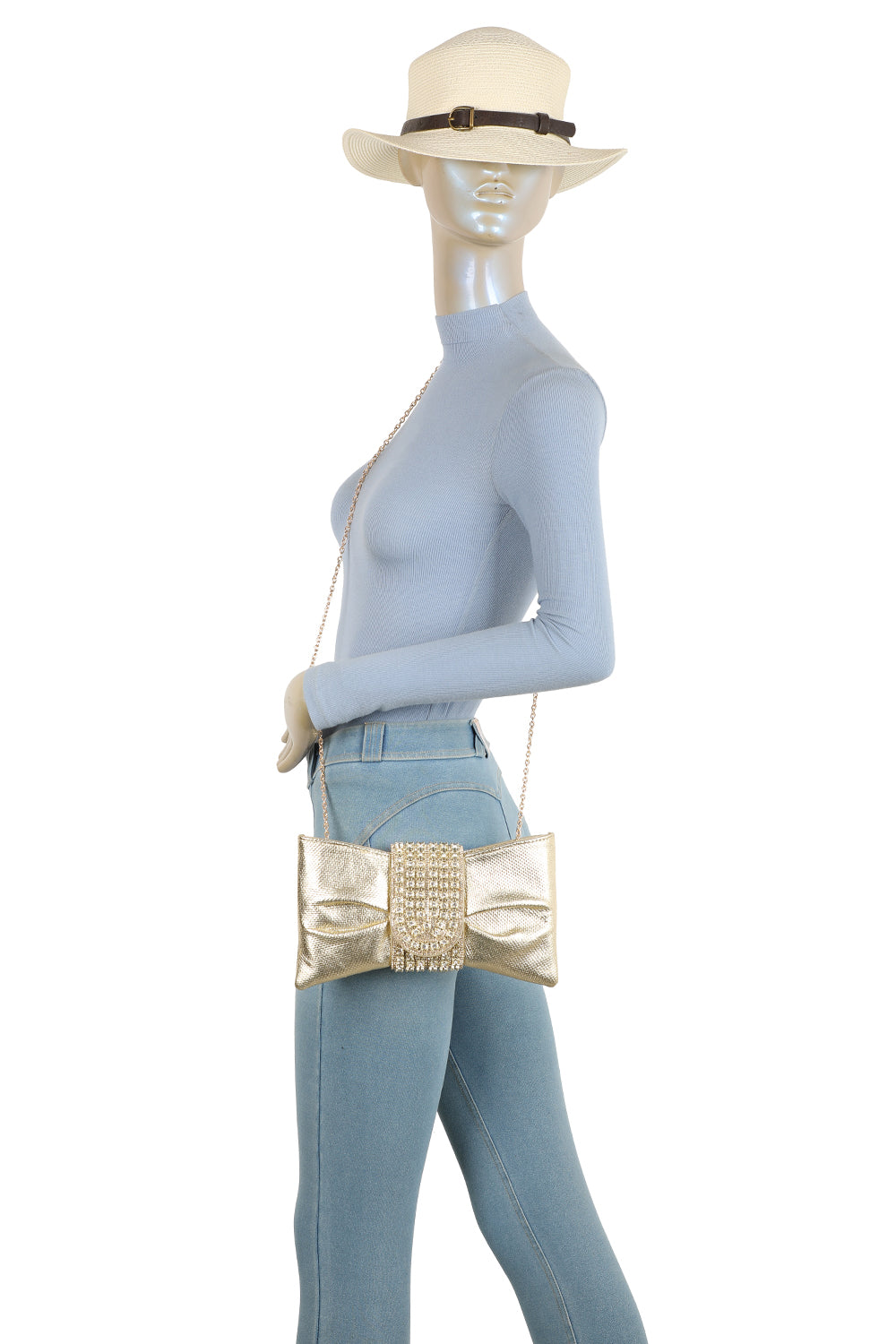 Virelline Tie Shape Flap Zip Top Diamante Clutch Bag - RZ2532