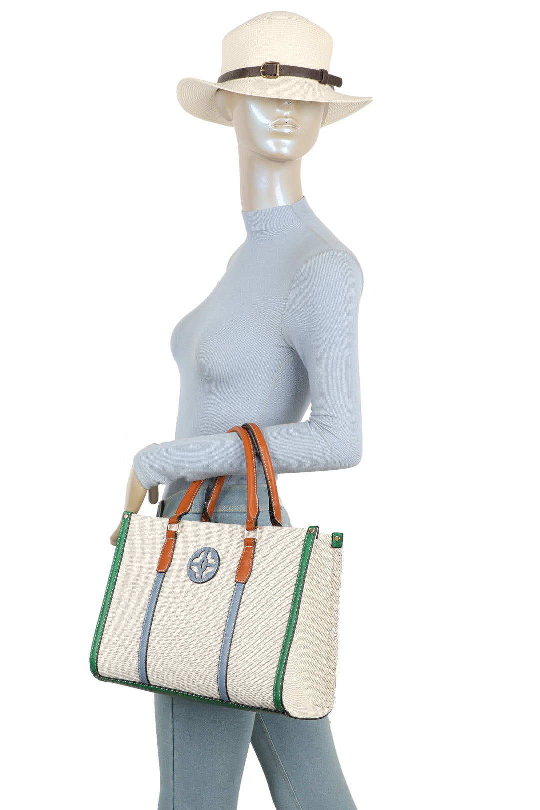 Noeud Large Size Multi-colour Canvas PU Leather Top Handle Tote Bag - RB250957