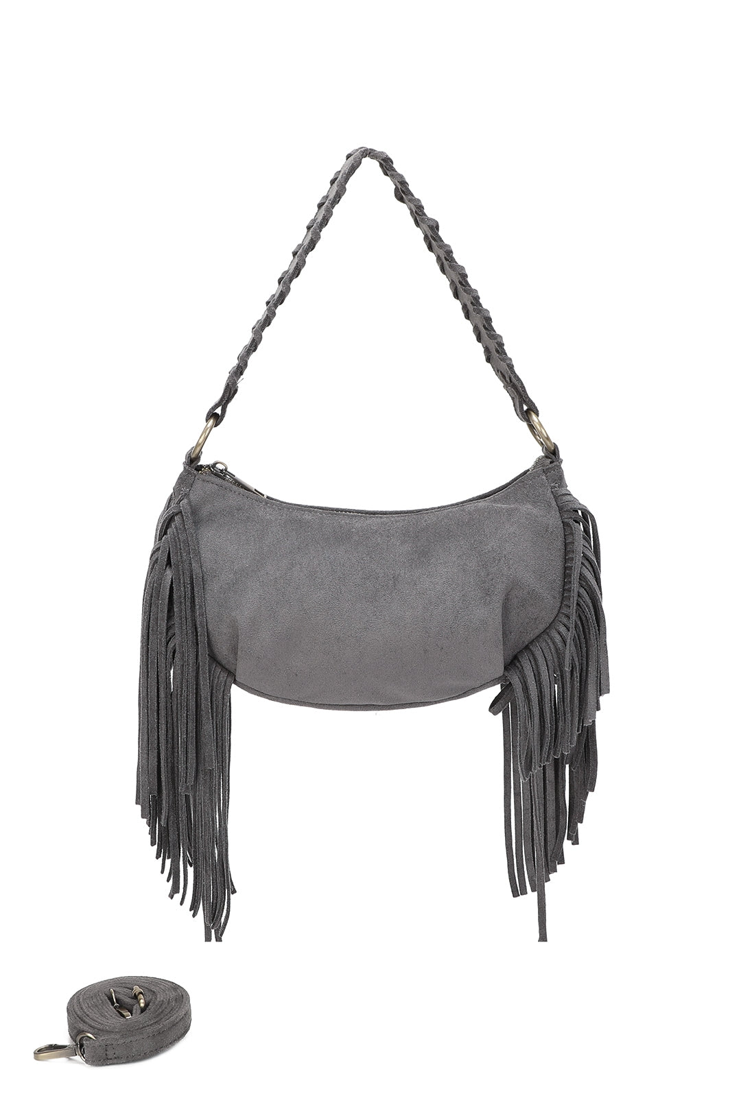 Aurex Faux Suede Fringe Tassel Crossbody Hobo Bag With Handwoven Strap - RJ250976