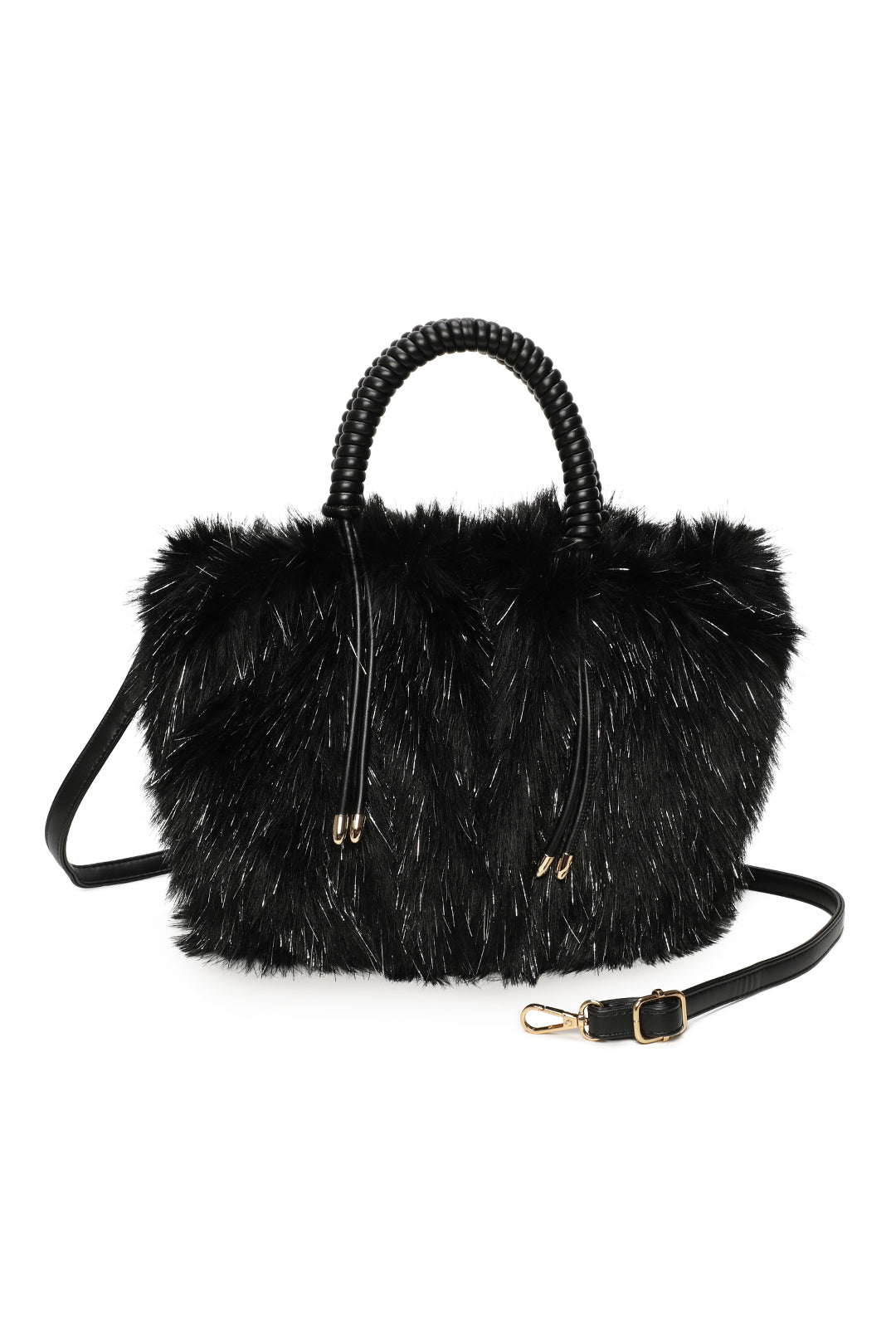 Avelyn Sparkling Faux Fur Top Handle Shoulder Bag with Braided Handle - RY250421
