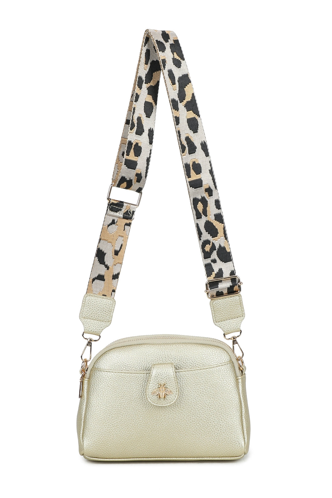 Monarch Bee Badge Multi-pocket Crossbody Bag with Leopard Canvas Strap - RW250452